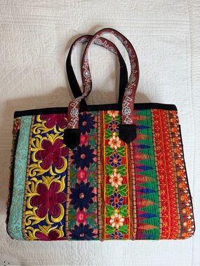 Beautiful Heavy Embroidered Cotton Fabric Patchwork Bag Tote Purse Sturdy